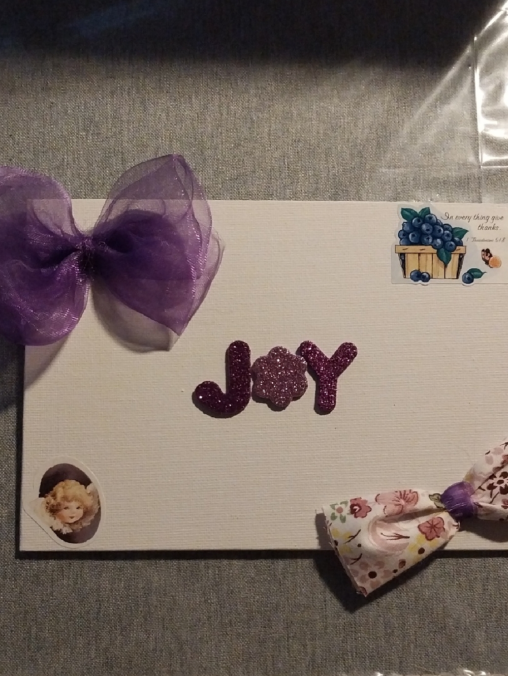 Homemade DIY- Glitter 'JOY' Decorative Canvas with Purple Bows